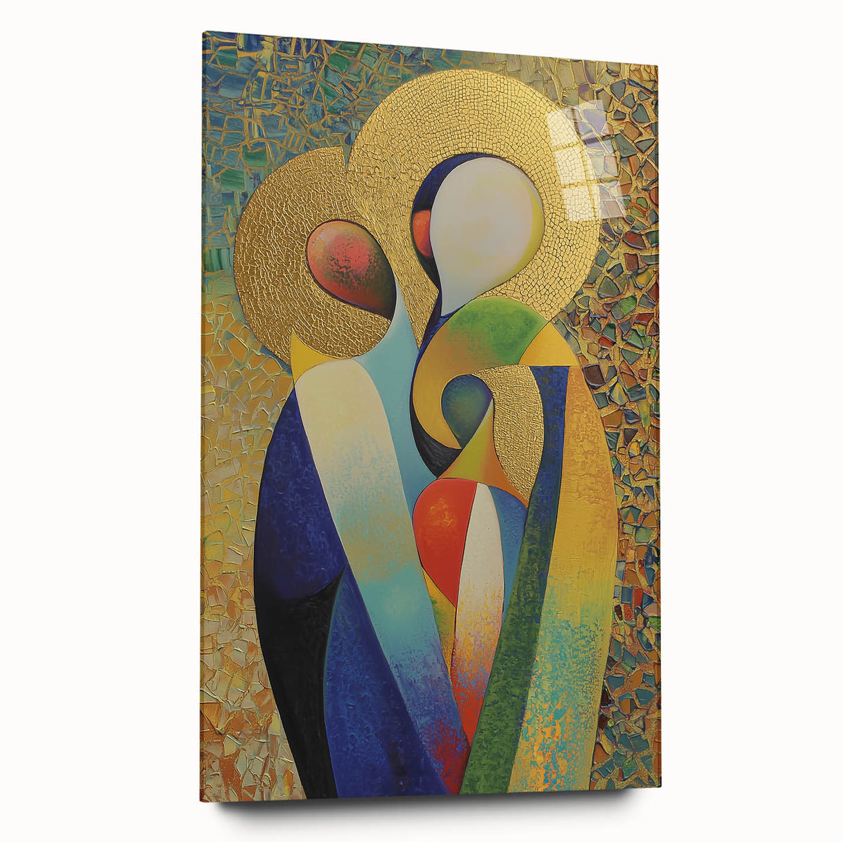 Abstract figurative acrylic artwork displayed on glass, showcasing vibrant colors and fluid shapes from a side view, ideal for modern home decor.