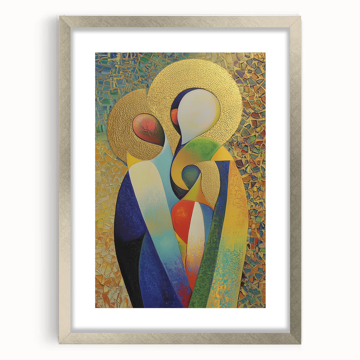 Abstract figurative frame with a silver mat, showcasing a modern design, front view emphasizing the intricate details and sleek finish, ideal for contemporary decor.
