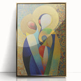Abstract figurative wall art in a gold frame, showcasing vibrant colors and dynamic shapes, perfect for modern home decor and enhancing artistic ambiance.