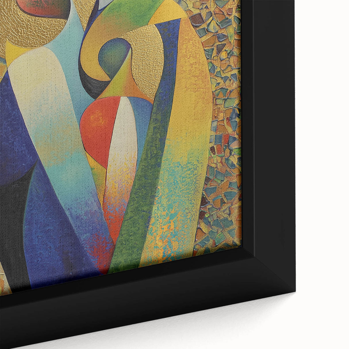 Close-up of a vibrant abstract figurative framed canvas artwork showcasing dynamic colors and fluid shapes, perfect for modern home decor and artistic expression.