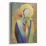 Framed canvas artwork depicting an abstract figurative design, featuring a silver frame and a captivating color palette, ideal for modern home decor accents.