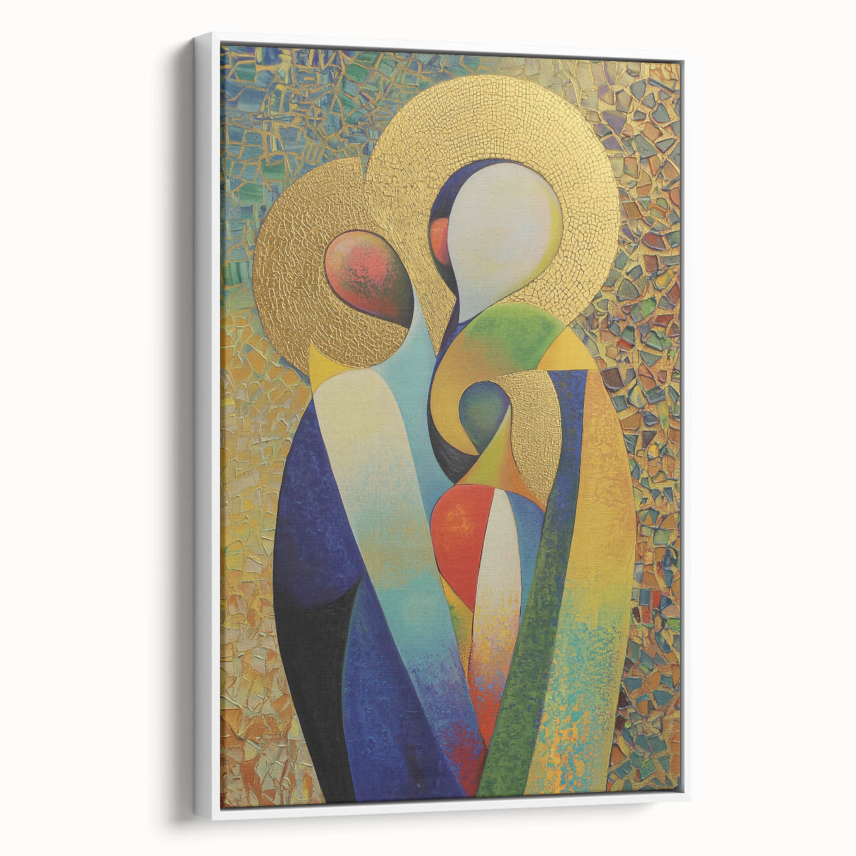 Framed abstract figurative canvas art showcasing dynamic shapes and muted colors, displayed from a side view against a white background, perfect for modern decor.