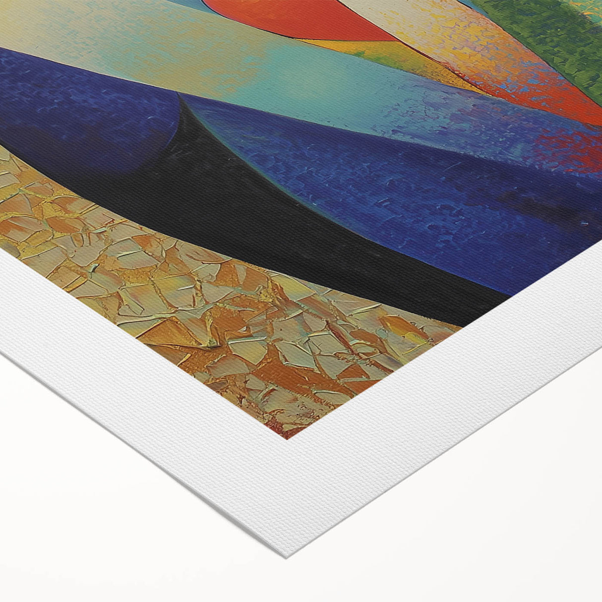 Abstract figurative rolled canvas artwork showcasing vibrant colors and dynamic shapes, ideal for modern decor, packaged securely in a cardboard tube.