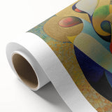 Abstract figurative artwork on rolled canvas, showcasing vibrant colors and dynamic shapes, presented in a protective cardboard tube for easy storage and display.