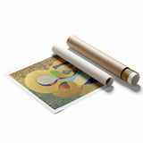 Abstract figurative rolled print showcasing vibrant colors and dynamic shapes, ideal for modern wall decor; packaged securely in a cardboard tube for delivery.