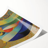 Abstract figurative artwork featuring vibrant colors and dynamic shapes, rolled for easy shipping in a protective cardboard tube, ideal for home decor.