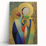 Abstract figurative stretched canvas artwork featuring vibrant colors and dynamic shapes, leaning against a neutral wall, perfect for modern decor.
