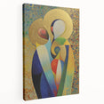 Abstract figurative stretched canvas artwork showcasing vibrant colors and dynamic shapes, presented in a side view to highlight its depth and texture, perfect for modern decor.