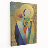 Abstract figurative stretched canvas artwork showcasing vibrant colors and dynamic shapes, presented in a side view to highlight its depth and texture, perfect for modern decor.