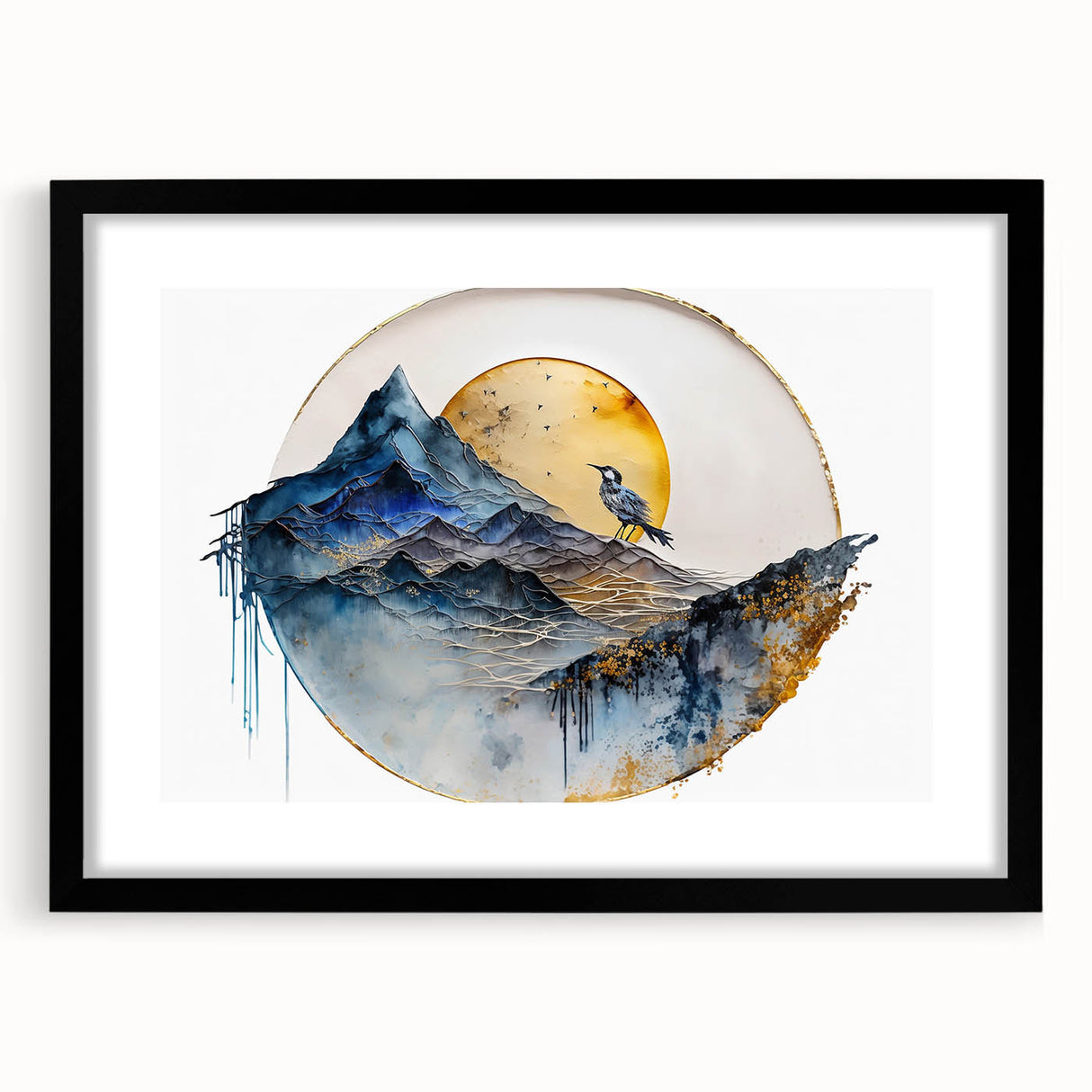 Abstract landscape wall art framed in black, showcasing vibrant colors and intricate details, designed to enhance modern home decor. The piece features a mat for added elegance and is ideal for contemporary living spaces.
