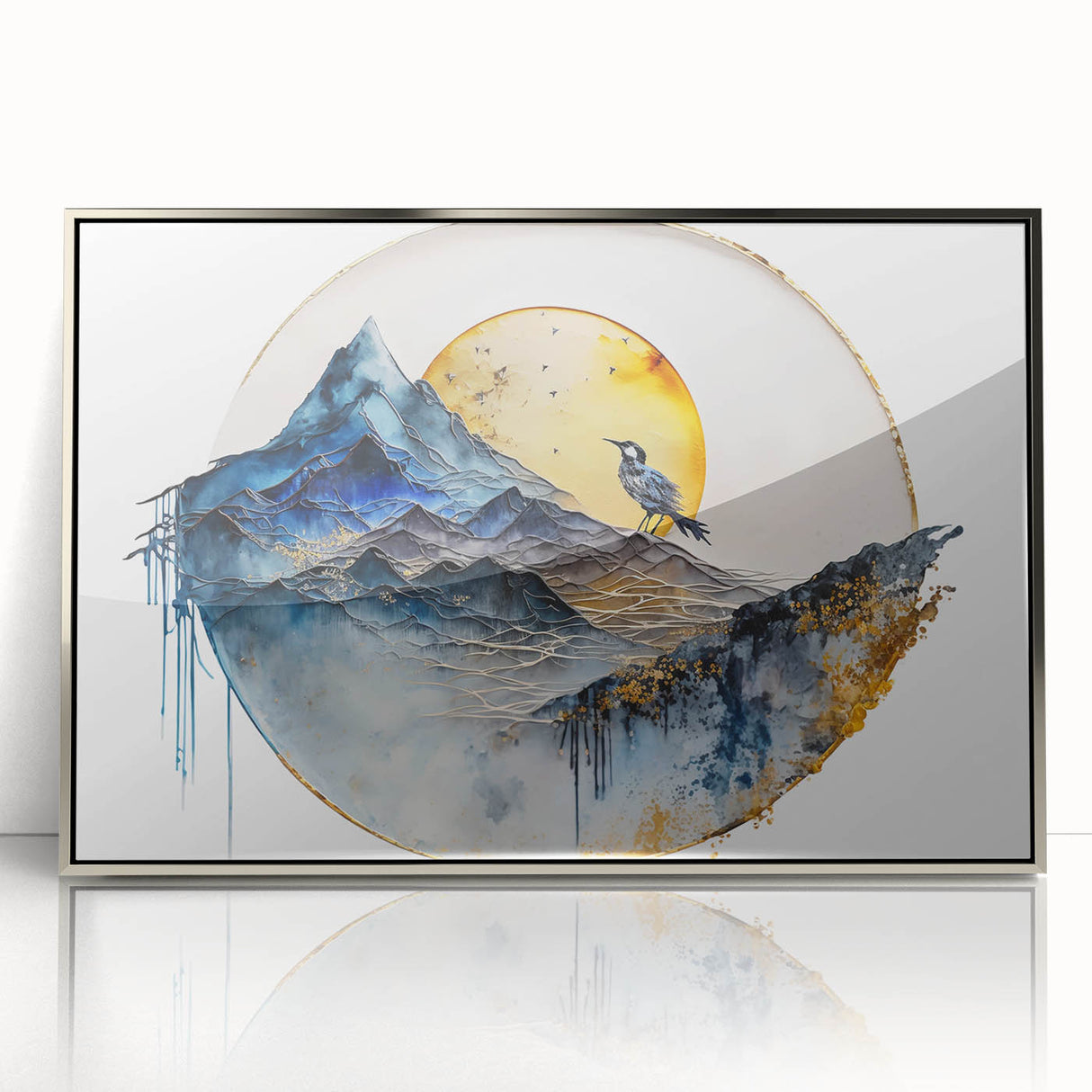 Framed abstract landscape wall art featuring a silver-acrylic finish, showcasing vibrant colors and dynamic shapes, perfect for modern home decor.