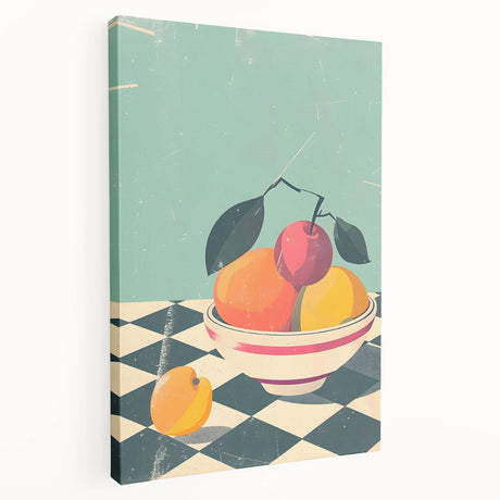 A large canvas wall art depicting a variety of vibrant, colorful fruits, ideal for kitchen wall decor.