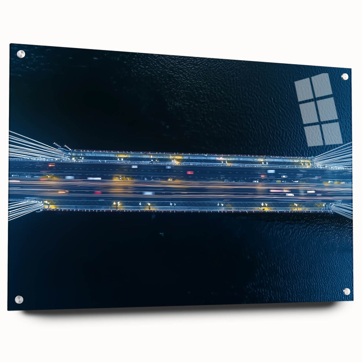 Acrylic glass landscape bridge design showcasing intricate details, framed with pins for secure display, ideal for modern home décor or art enthusiasts.