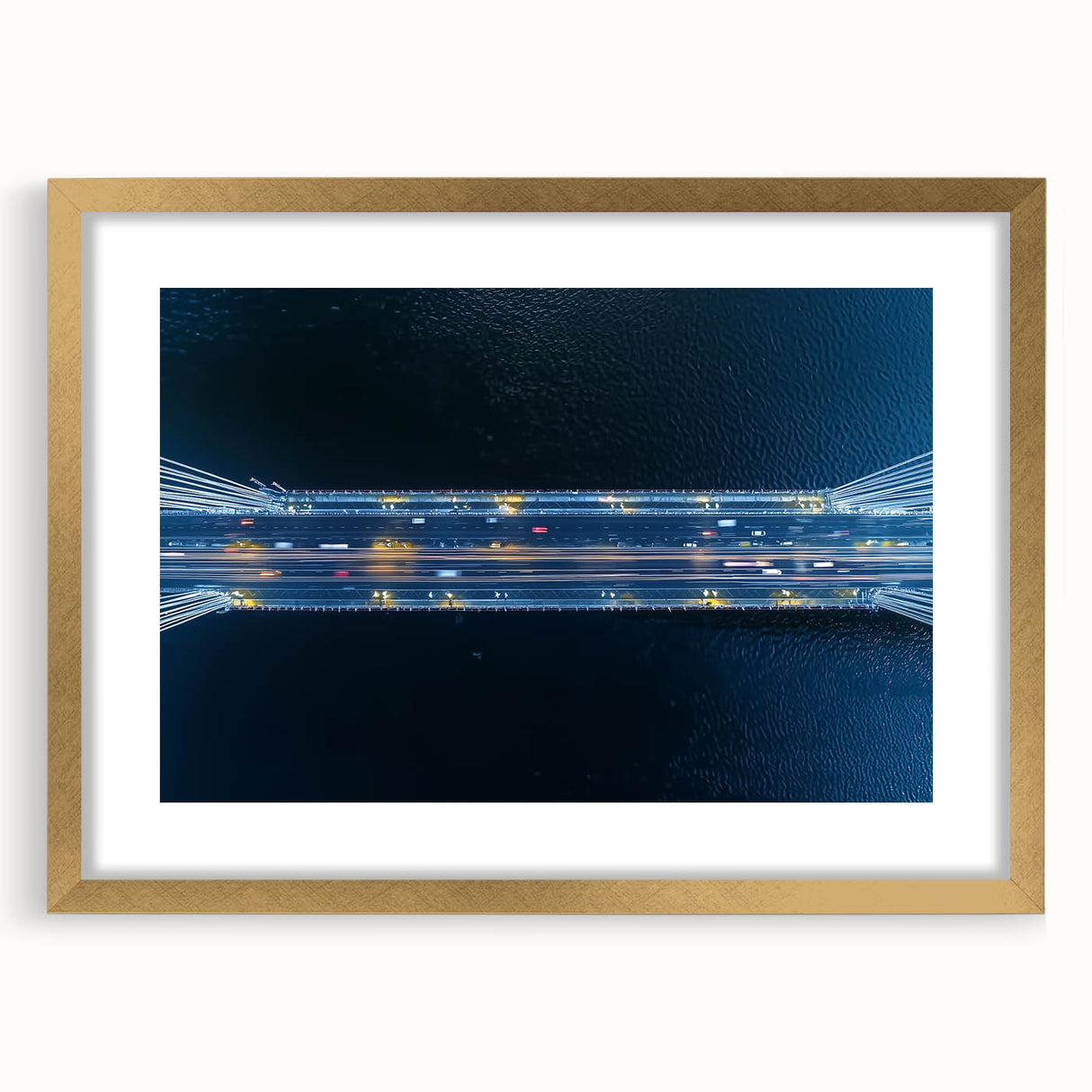 Elegant gold-framed landscape bridge artwork with a white mat, showcasing intricate details and a modern aesthetic, perfect for home decor enhancement.