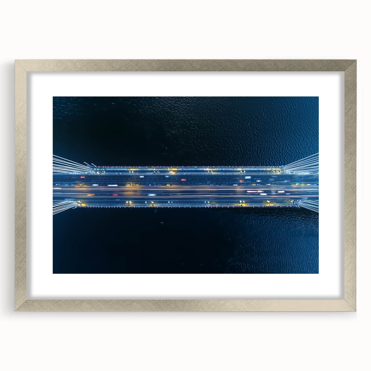 Silver landscape bridge frame with a white mat, showcasing a contemporary design. Ideal for enhancing home decor, this frame complements various art styles and settings.