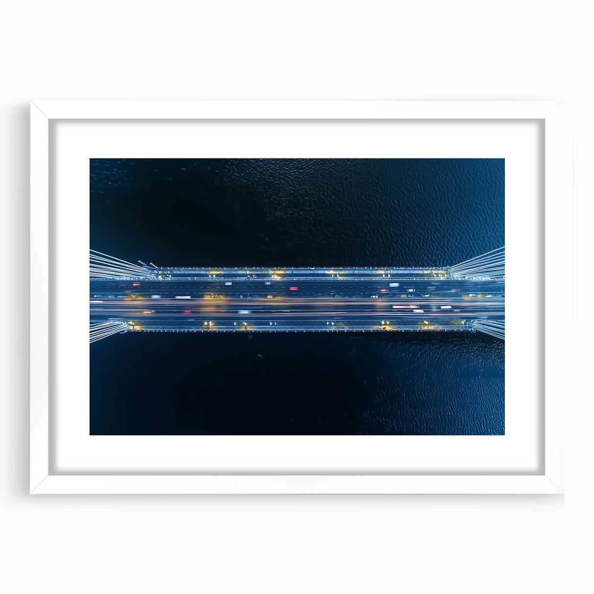 White landscape bridge frame with a mat, showcasing a modern design, perfect for displaying art or photographs, ideal for home decor or gallery settings.