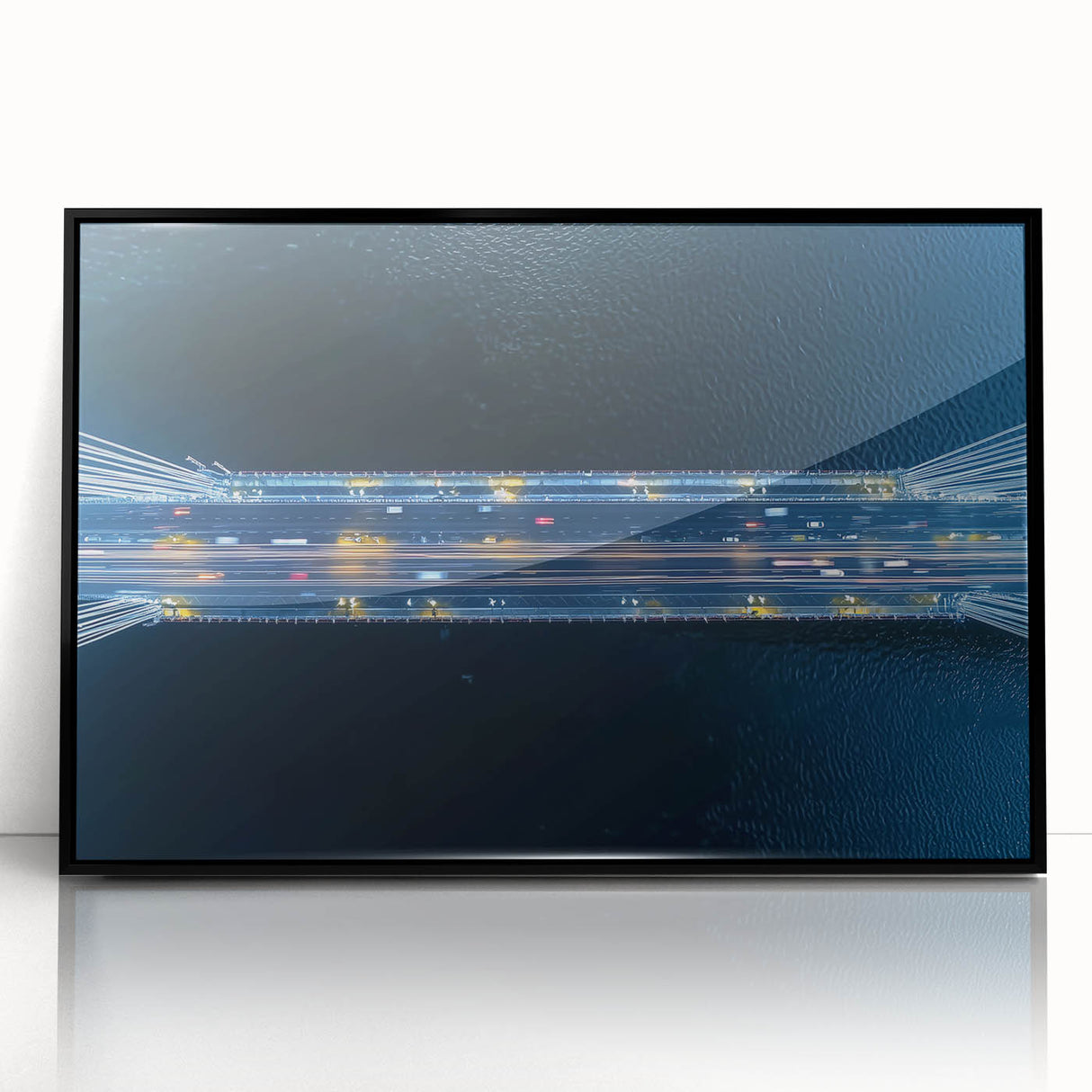 Framed acrylic artwork showcasing a stunning landscape of a bridge with a black frame, ideal for modern home decor. Perfect for adding elegance to any living space.