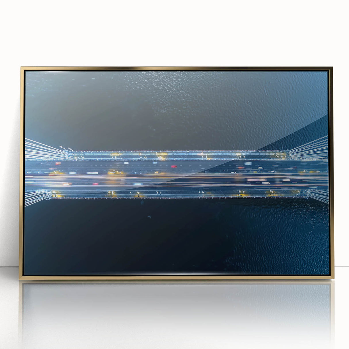 Framed acrylic artwork showcasing a stunning landscape bridge design in gold tones, elegantly displayed against a neutral background, ideal for modern home decor.