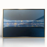Framed acrylic artwork showcasing a stunning landscape bridge design in gold tones, elegantly displayed against a neutral background, ideal for modern home decor.