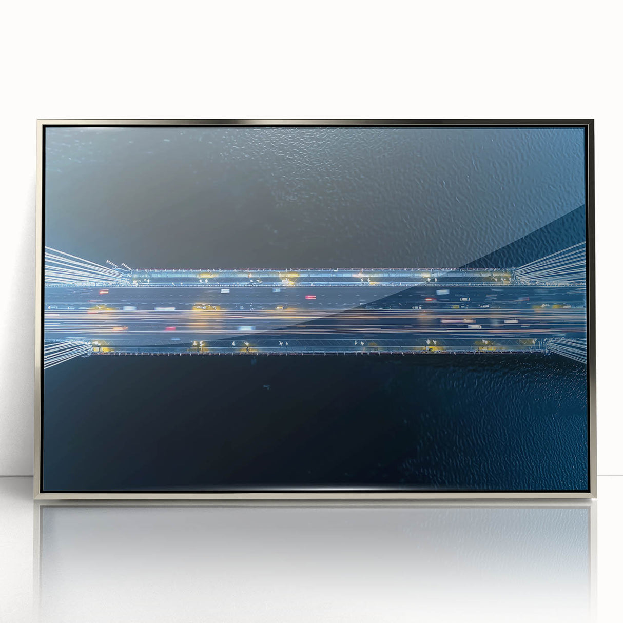 Framed acrylic artwork showcasing a stunning landscape bridge scene, featuring vibrant colors and intricate details, perfect for enhancing home decor aesthetics.