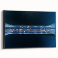 Framed canvas artwork depicting a serene landscape with a bridge, featuring rich colors and intricate details, ideal for home decor and nature enthusiasts.
