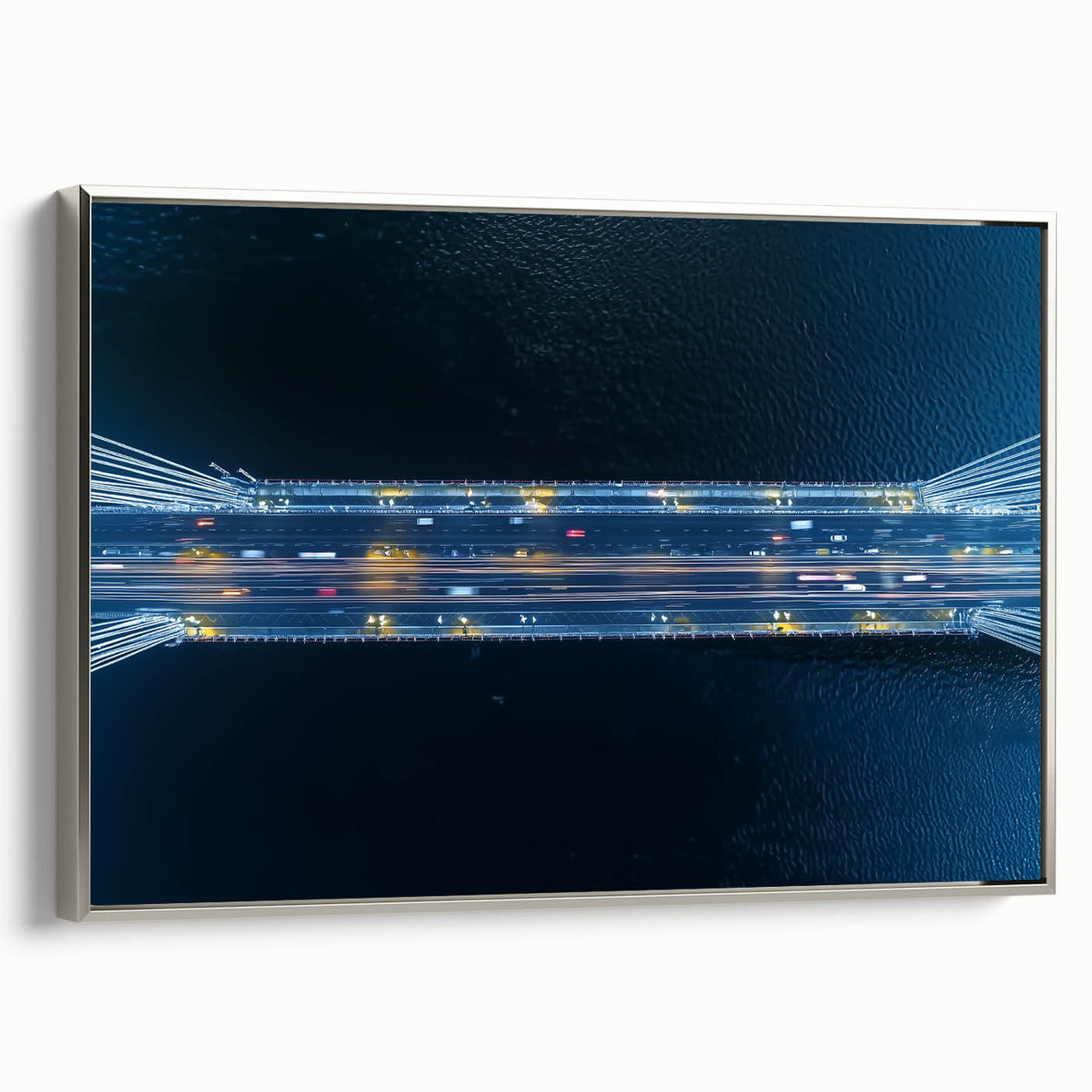 Framed canvas artwork showcasing a silver landscape bridge design, set against a serene backdrop, ideal for modern home decor. Perfect for enhancing living spaces.