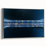Framed canvas artwork showcasing a silver landscape bridge design, set against a serene backdrop, ideal for modern home decor. Perfect for enhancing living spaces.