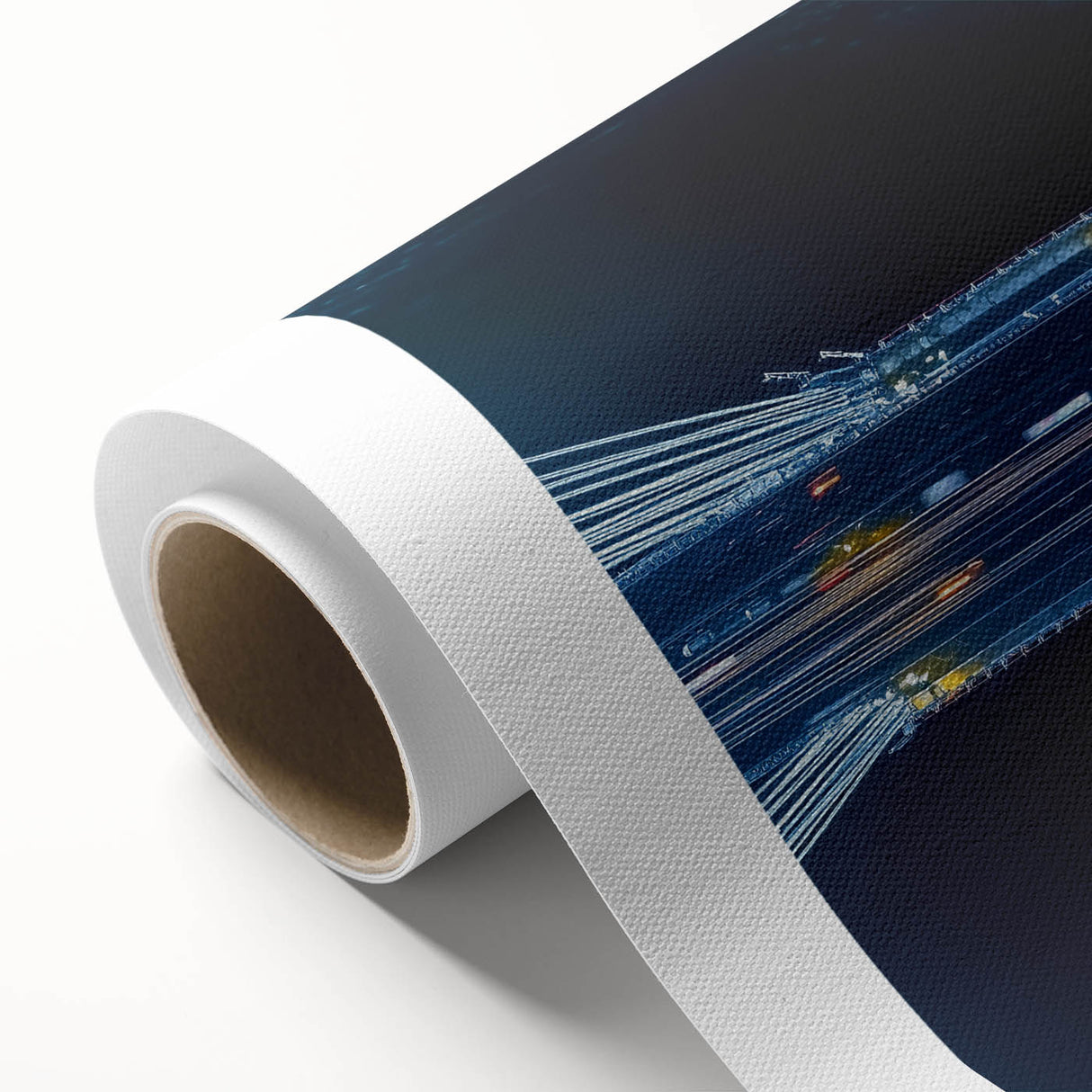 Rolled canvas artwork showcasing a vibrant landscape bridge design, featuring rich colors and intricate details, securely packaged in a protective cardboard tube for safe delivery.