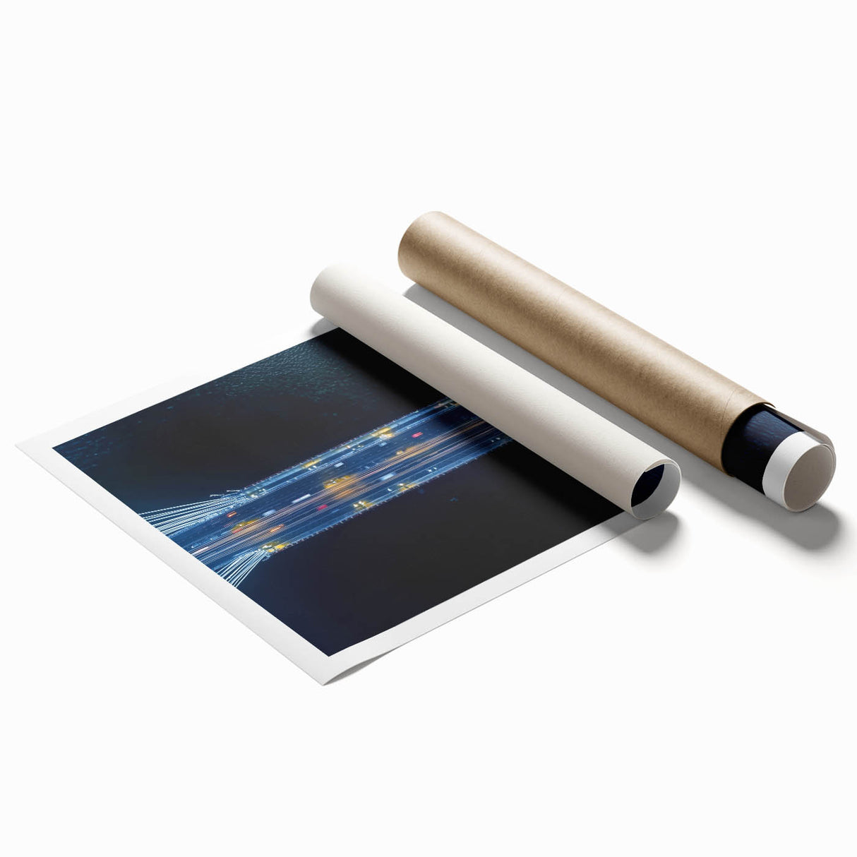 Rolled print showcasing a vibrant landscape bridge design, featuring rich colors and intricate details, packaged securely in a protective cardboard tube for easy transport. Ideal for home decor enthusiasts seeking unique artwork for their space.