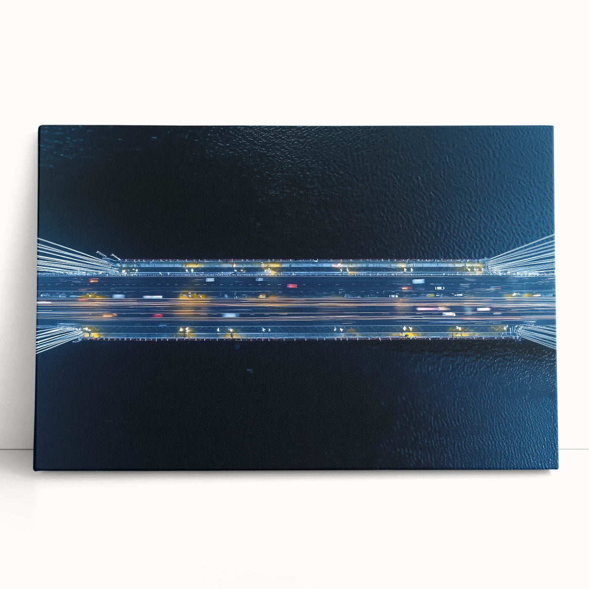 Stretched canvas artwork depicting a serene landscape bridge over a tranquil river, surrounded by lush greenery, perfect for home or office decor.