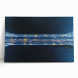 Stretched canvas artwork depicting a serene landscape bridge over a tranquil river, surrounded by lush greenery, perfect for home or office decor.
