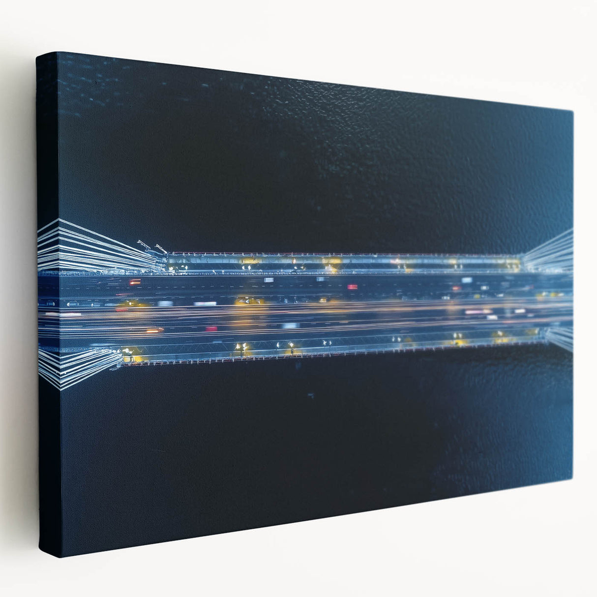 Stretched canvas artwork depicting a serene landscape with a bridge, showcasing vibrant colors and intricate details, ideal for home decor or office ambiance.