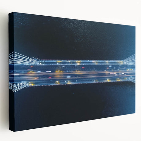 Stretched canvas artwork depicting a serene landscape with a bridge, showcasing vibrant colors and intricate details, ideal for home decor or office ambiance.