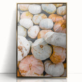 Large art print of a mid-century modernist fall scene in gold and brown tones, framed in acrylic.