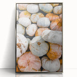 Mid-century modernist art depicting a stylized fall landscape with warm orange and brown hues, silver-framed acrylic print.