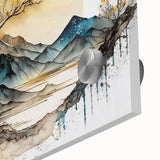 Close-up of a vibrant abstract landscape wall art piece made with acrylic glass, showcasing rich colors and intricate patterns, perfect for modern home decor.