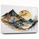 Abstract landscape wall art displayed in an acrylic glass frame, showcasing vibrant colors and intricate textures, pinned elegantly against a neutral backdrop. Perfect for modern decor.