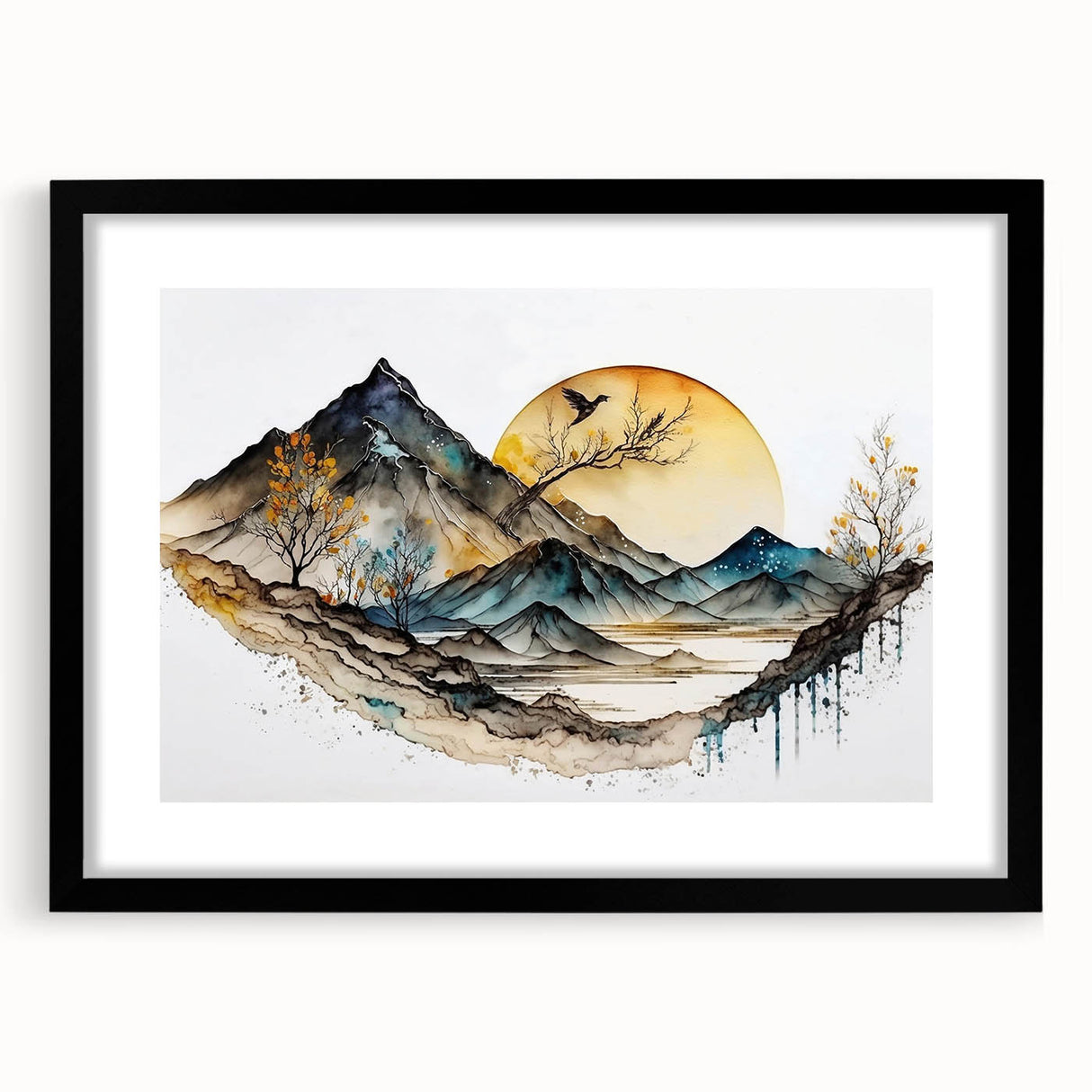 Abstract landscape wall art framed in black, featuring vibrant colors and dynamic shapes. Ideal for modern home decor, adding a touch of elegance and creativity.