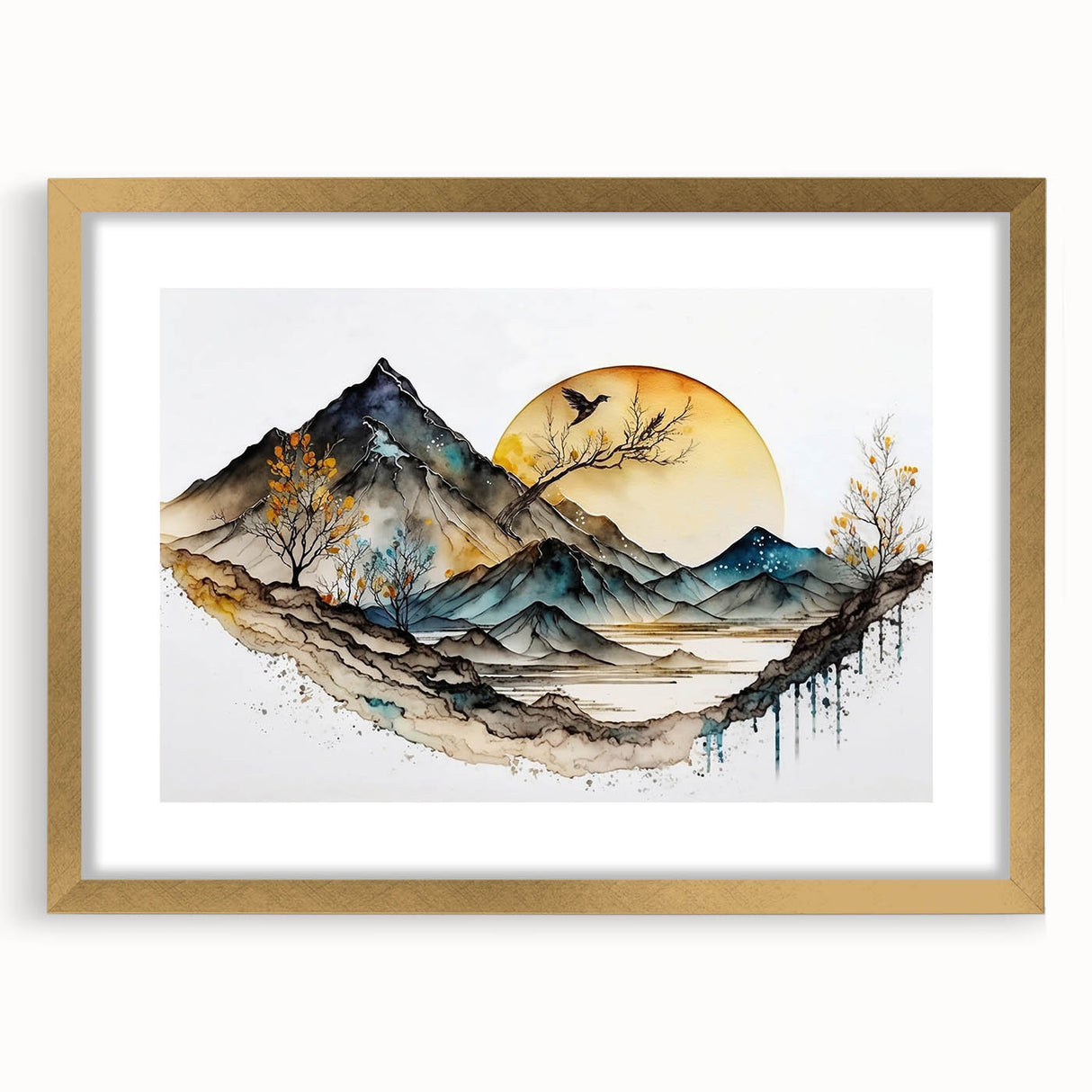Abstract landscape wall art framed in gold with a white mat, showcasing vibrant colors and dynamic shapes, perfect for modern home decor. Ideal for enhancing living spaces.