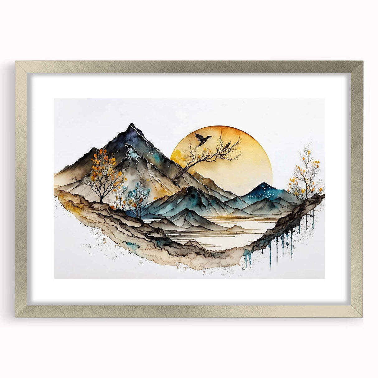 Abstract landscape wall art featuring vibrant colors in a silver frame with a mat, showcasing a modern design ideal for enhancing interior decor aesthetics.