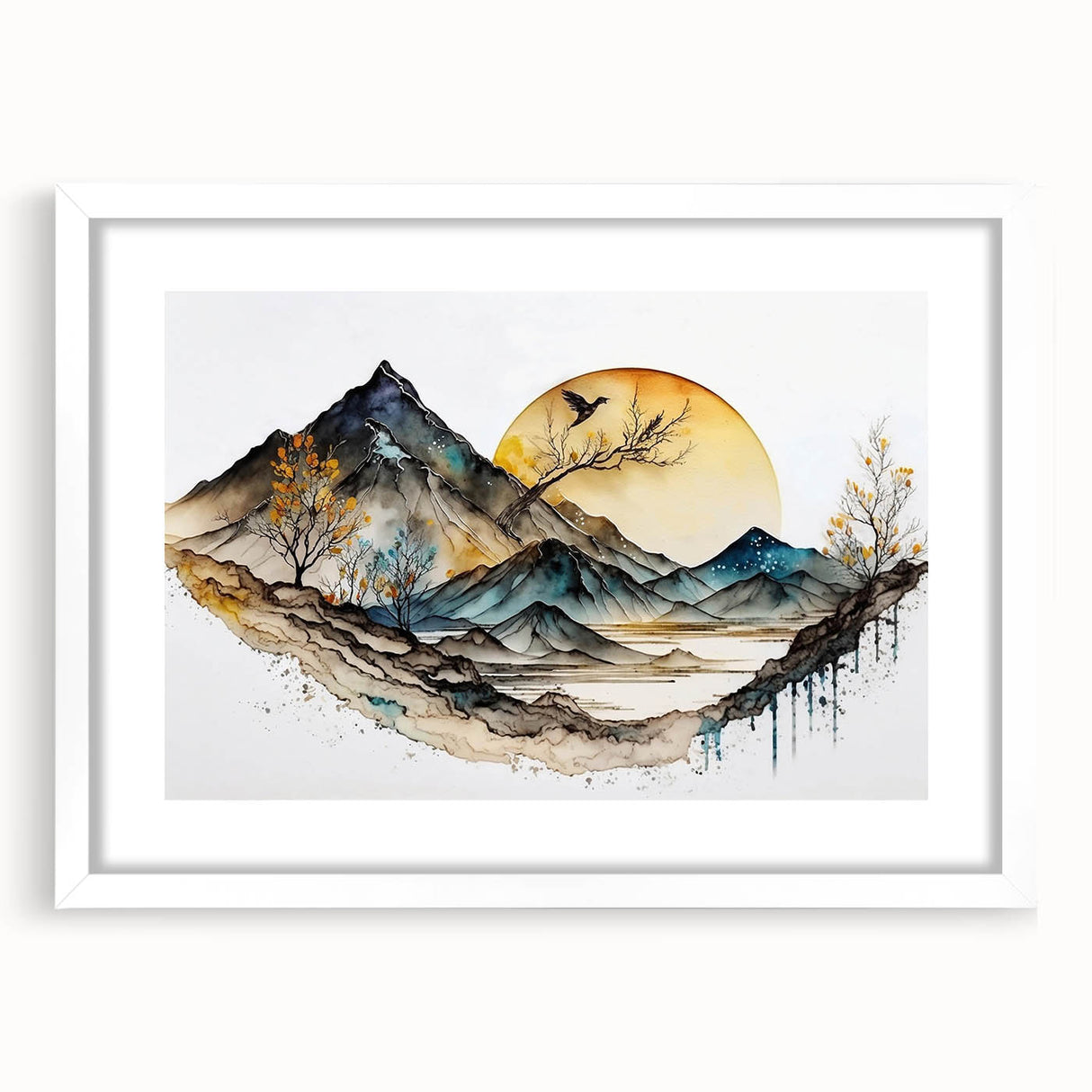 Abstract landscape wall art framed with a white mat, showcasing soft earth-tones and fluid shapes, perfect for modern home decor. Ideal for living room or office ambiance.