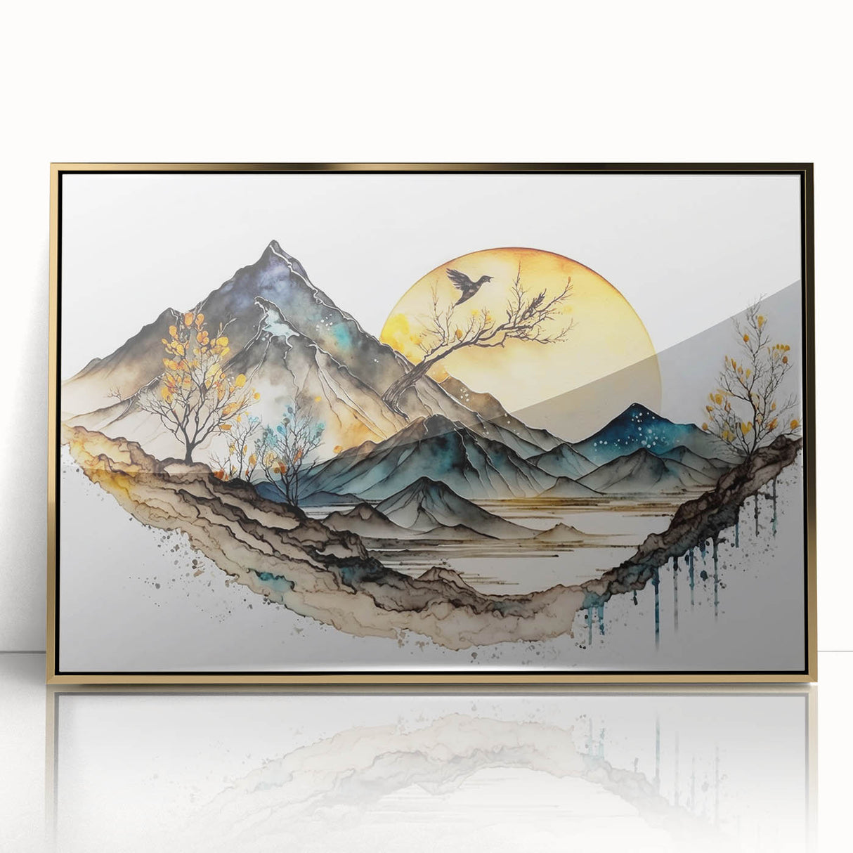 Framed abstract landscape wall art featuring gold accents, showcasing a vibrant blend of colors and textures, perfect for modern home decor. The piece exudes elegance and creativity, enhancing any room's aesthetic.