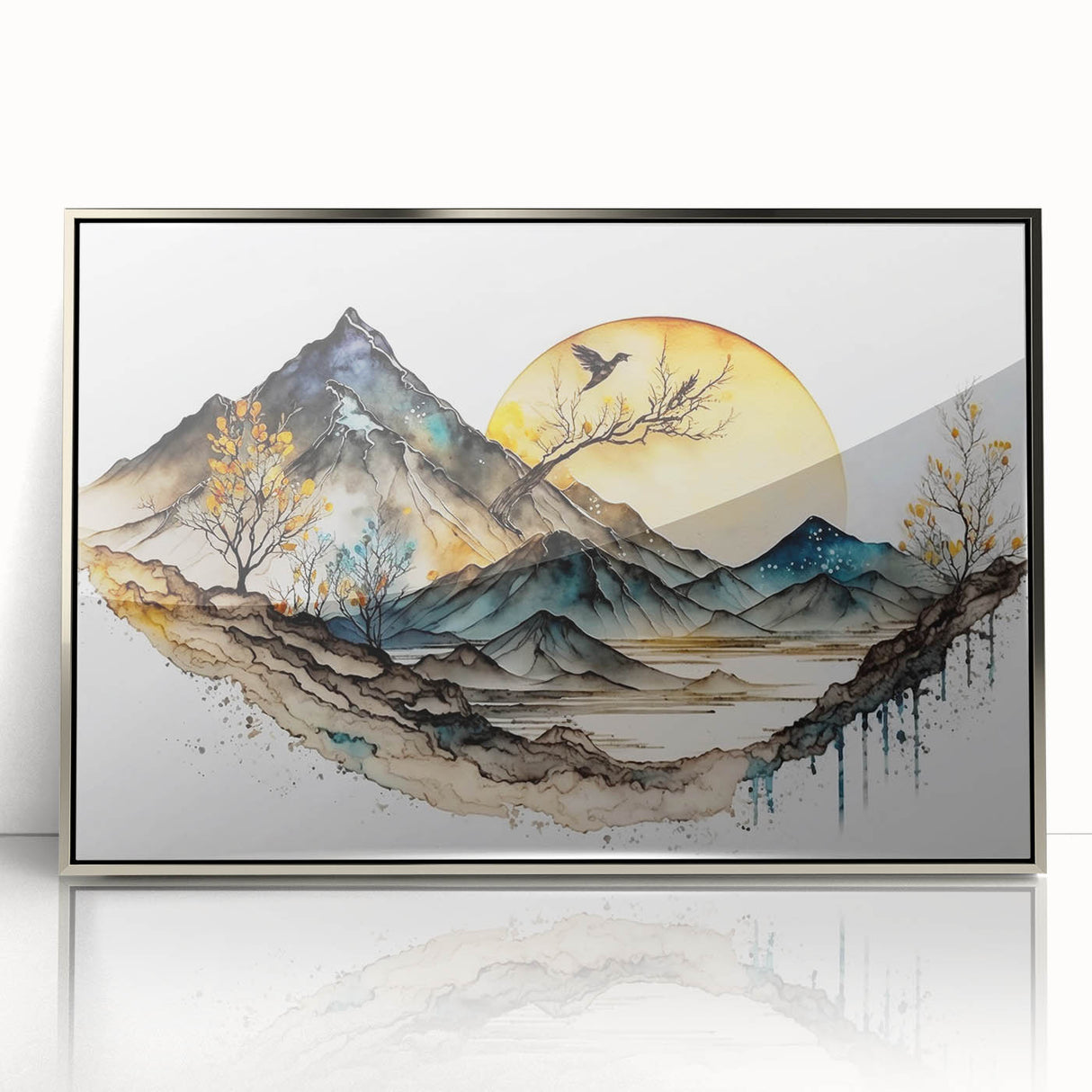 Framed abstract landscape wall art featuring soft silver tones and flowing shapes, ideal for modern home decor, enhancing aesthetic appeal in any room.