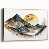 Framed abstract landscape wall art with gold accents, showcasing a serene nature scene. The canvas is elegantly displayed in a modern setting, enhancing home decor.