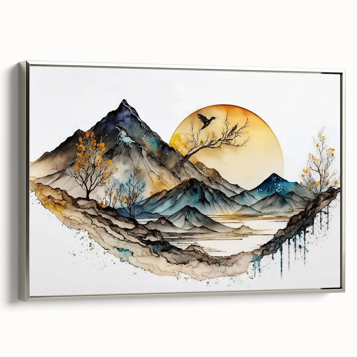 Framed abstract landscape wall art on canvas, showcasing a silver frame and vibrant colors that enhance modern decor, viewed from the side. Ideal for contemporary interiors.