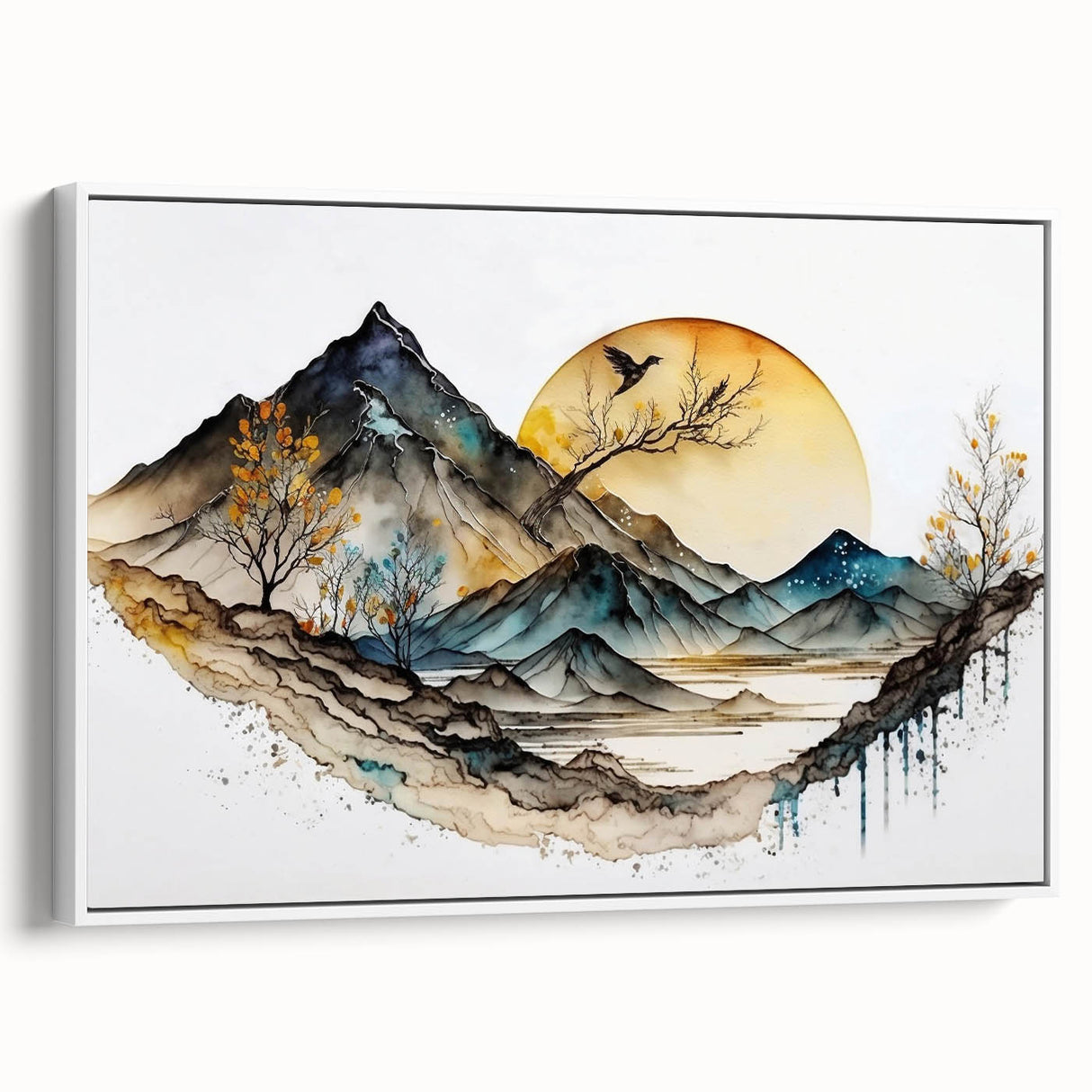 Framed canvas wall art showcasing an abstract landscape design with soft pastel colors and a textured finish, displayed in a modern white frame. Perfect for home decor.