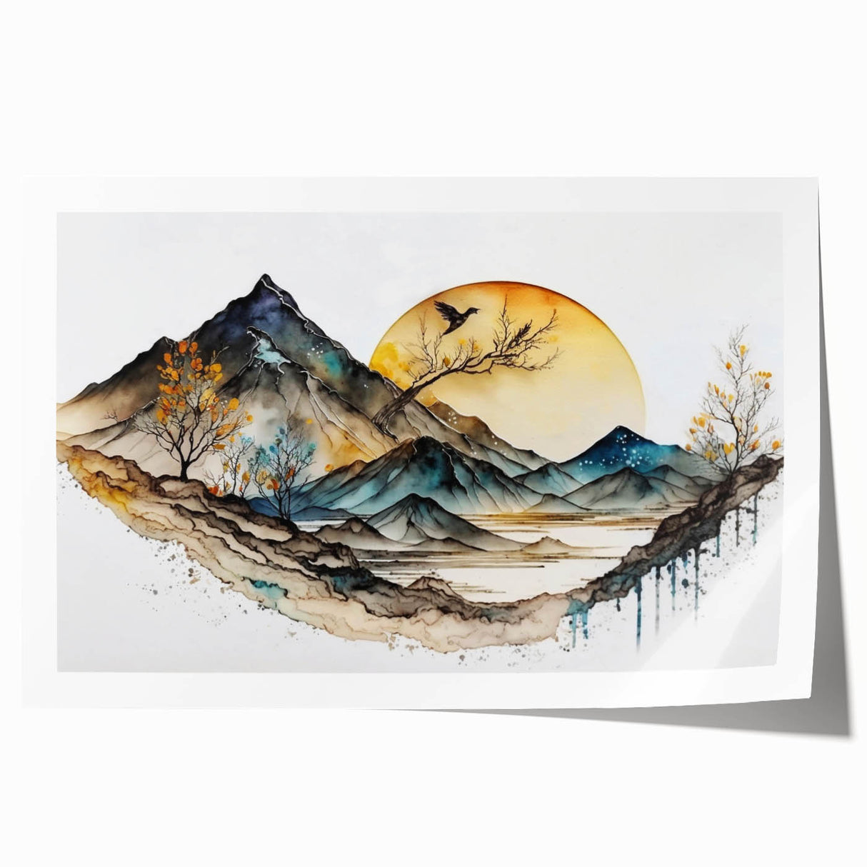 Abstract landscape wall art print showcasing vibrant colors and fluid shapes, rolled for easy shipping and display, ideal for modern home decor.