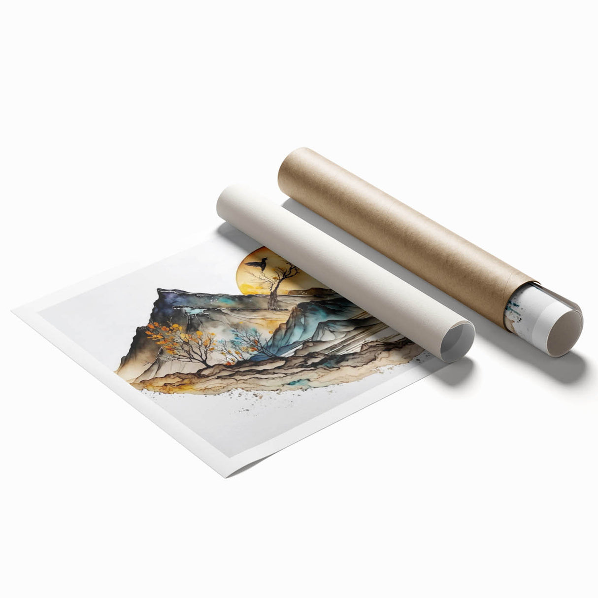 Abstract landscape wall art print showcasing vibrant colors and dynamic shapes, rolled and ready for framing, perfect for modern home decor.