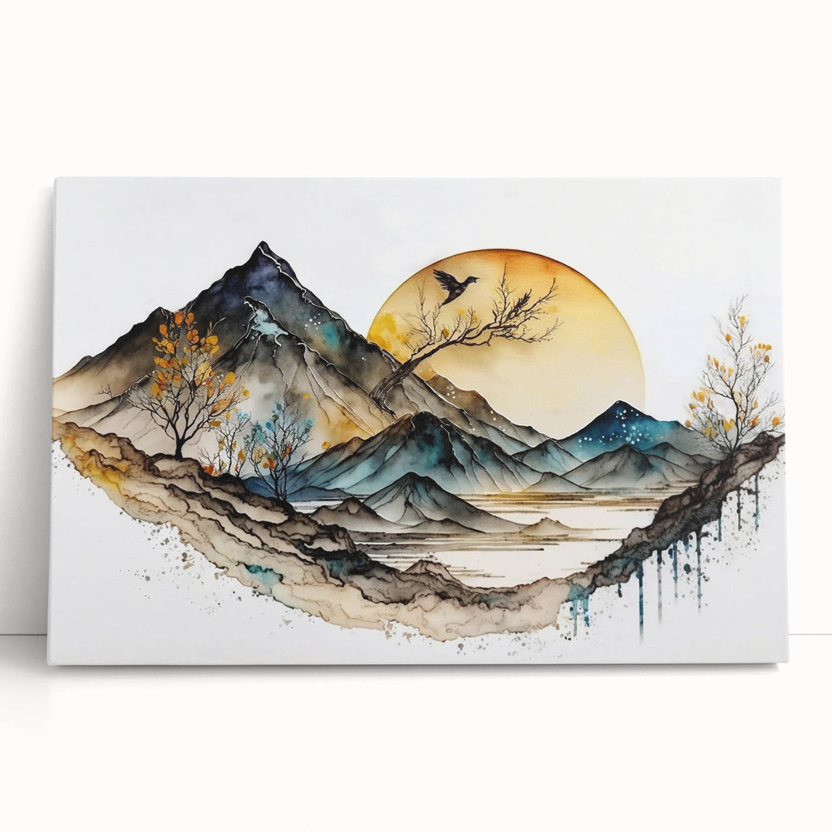 Abstract landscape wall art on stretched canvas, featuring vibrant colors and dynamic brush strokes, leaning against a neutral wall, perfect for modern decor.