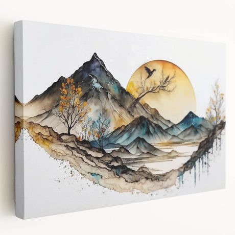 Abstract landscape wall art on stretched canvas, showcasing vibrant colors and fluid shapes, perfect for modern home decor. Side view highlights the depth and texture of the artwork, ideal for enhancing living spaces.